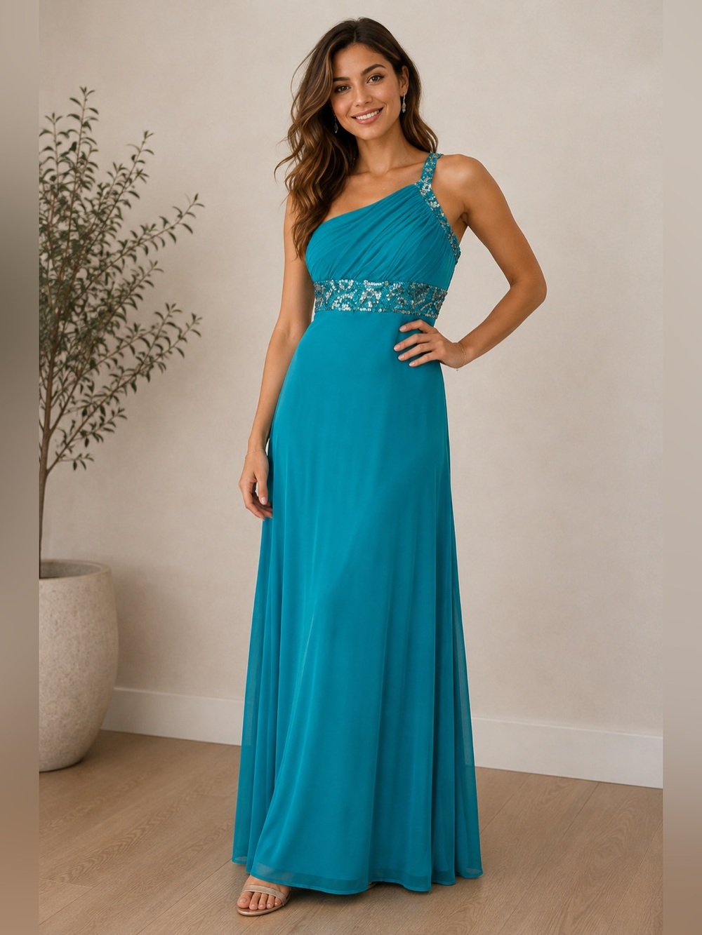 Teal Turquoise One Shoulder Embellished Maxi Evening Dress Gown